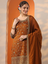 Libas Rust Embroidered Silk Blend Straight Suit Set With Dupatta