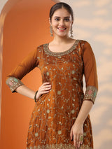 Libas Rust Embroidered Silk Blend Straight Suit Set With Dupatta
