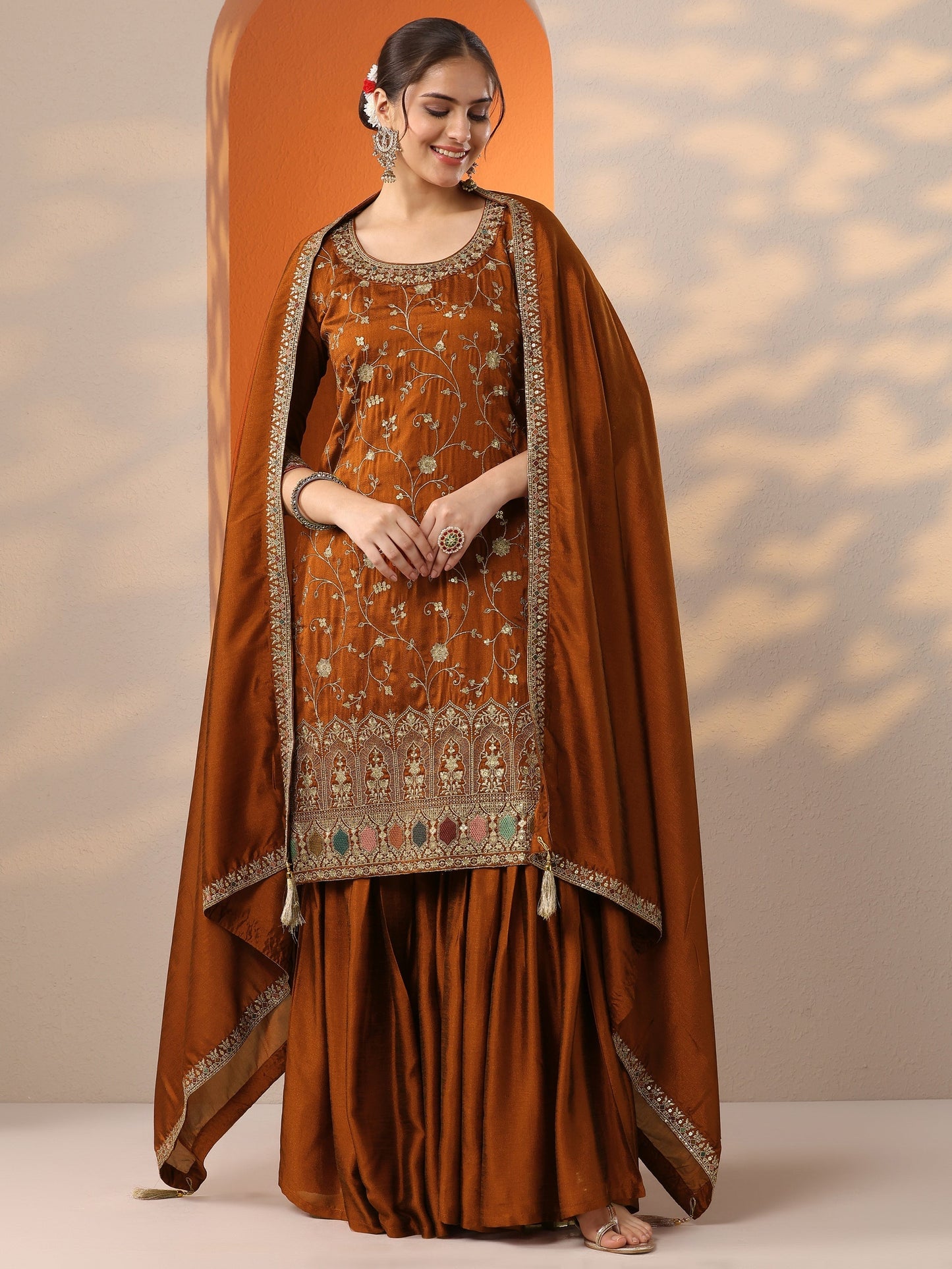 Libas Rust Embroidered Silk Blend Straight Suit Set With Dupatta
