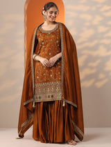 Libas Rust Embroidered Silk Blend Straight Suit Set With Dupatta