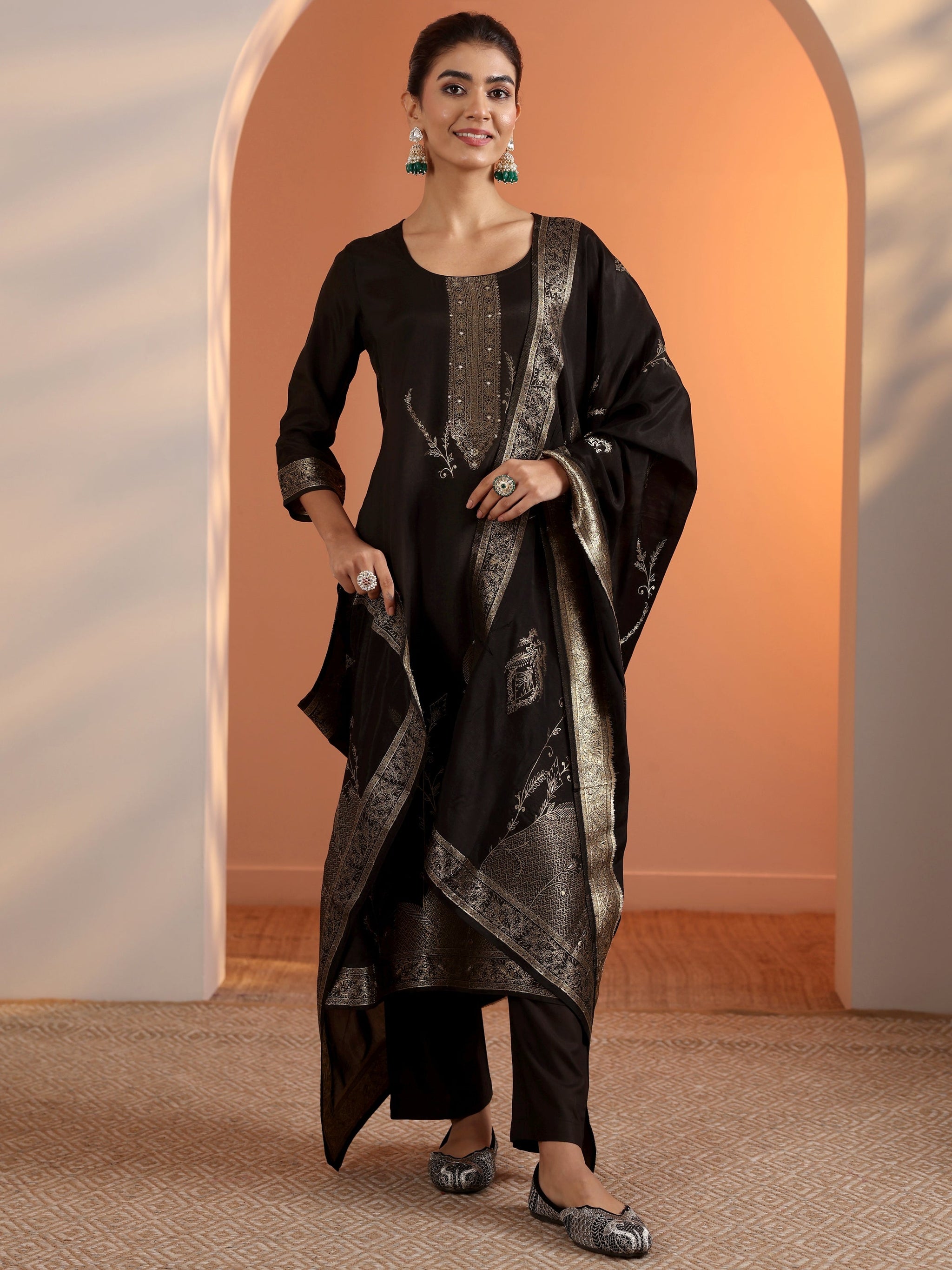 Libas Black Woven Design Silk Blend Straight Suit Set With Dupatta