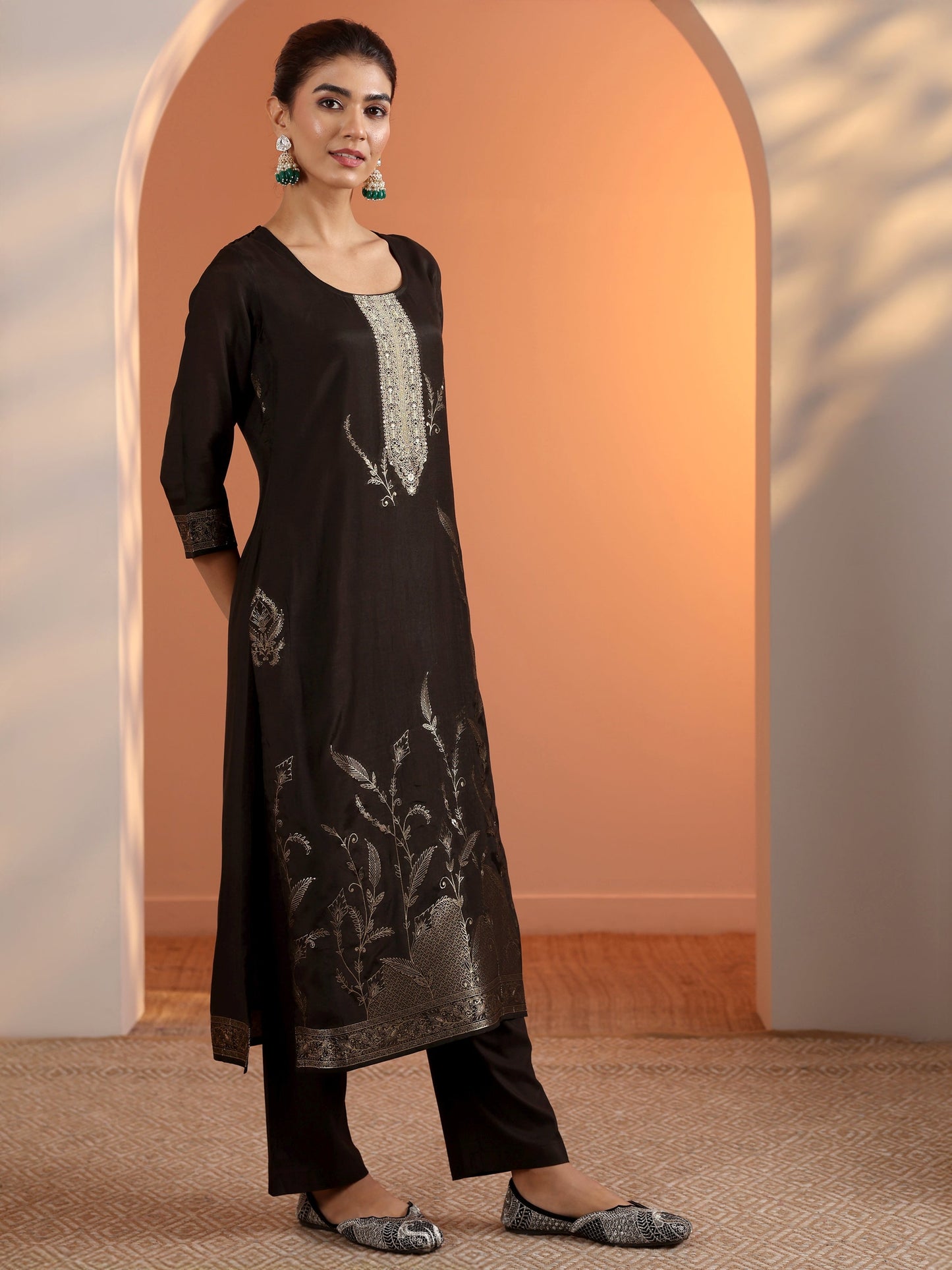 Libas Black Woven Design Silk Blend Straight Suit Set With Dupatta