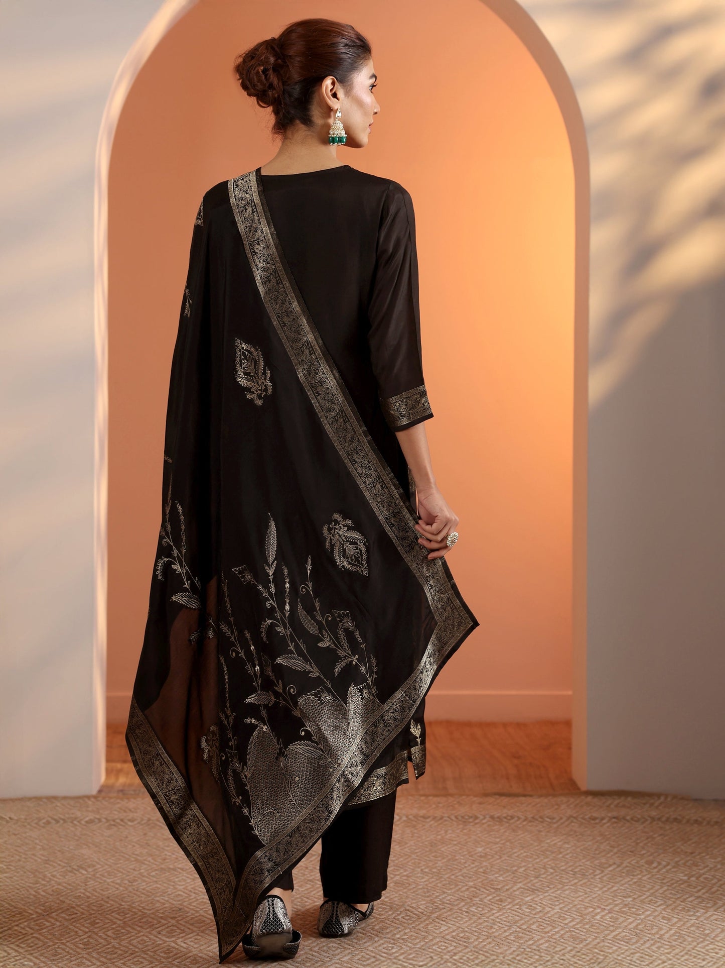 Libas Black Woven Design Silk Blend Straight Suit Set With Dupatta