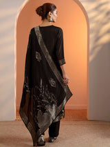 Libas Black Woven Design Silk Blend Straight Suit Set With Dupatta