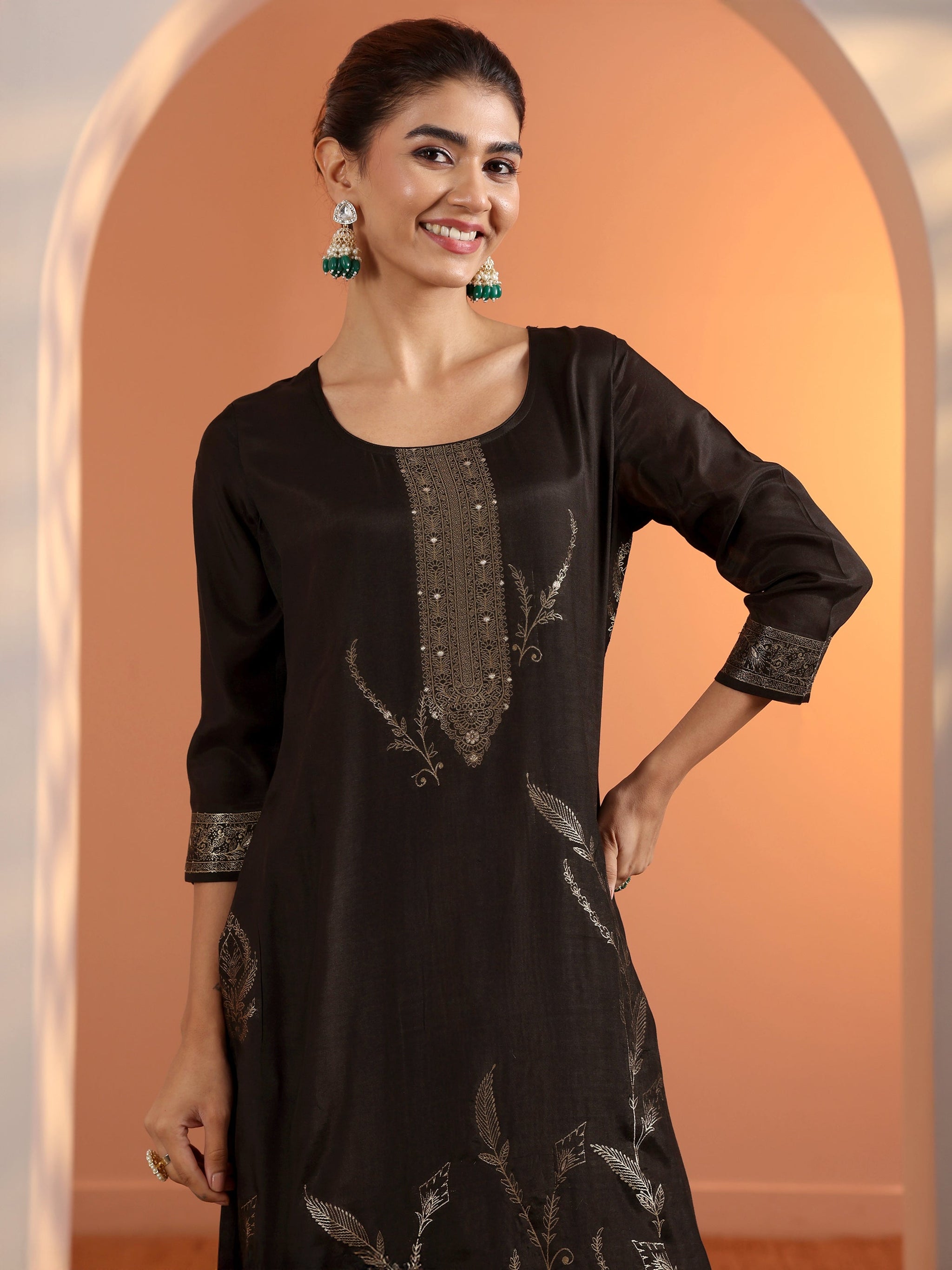 Libas Black Woven Design Silk Blend Straight Suit Set With Dupatta