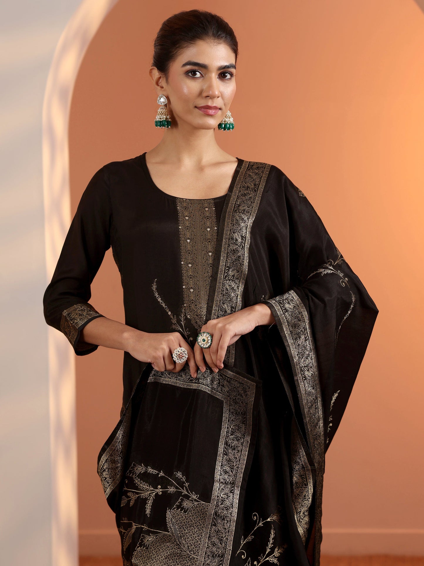 Libas Black Woven Design Silk Blend Straight Suit Set With Dupatta