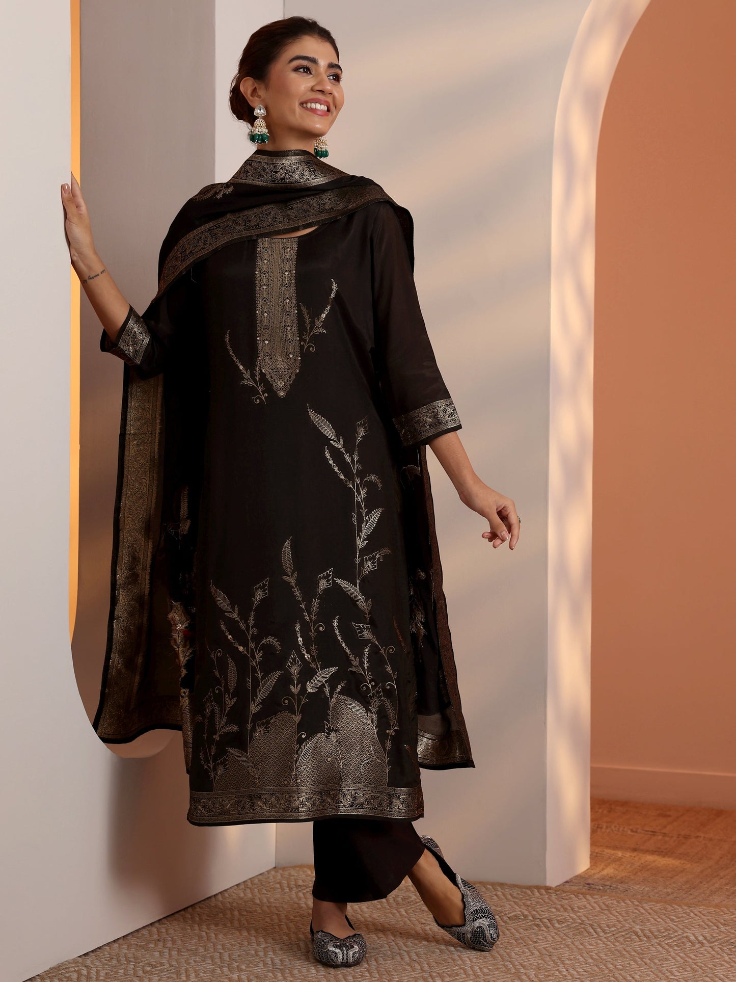 Libas Black Woven Design Silk Blend Straight Suit Set With Dupatta