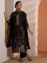 Libas Black Woven Design Silk Blend Straight Suit Set With Dupatta