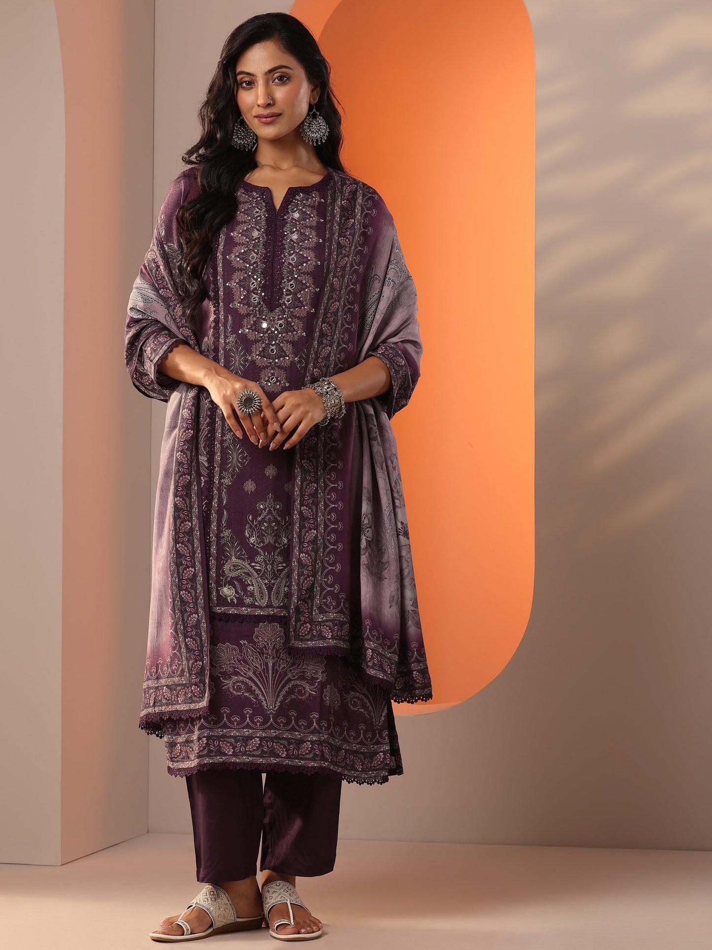 Libas Burgundy Printed Muslin Straight Suit Set With Dupatta