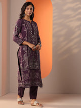 Libas Burgundy Printed Muslin Straight Suit Set With Dupatta