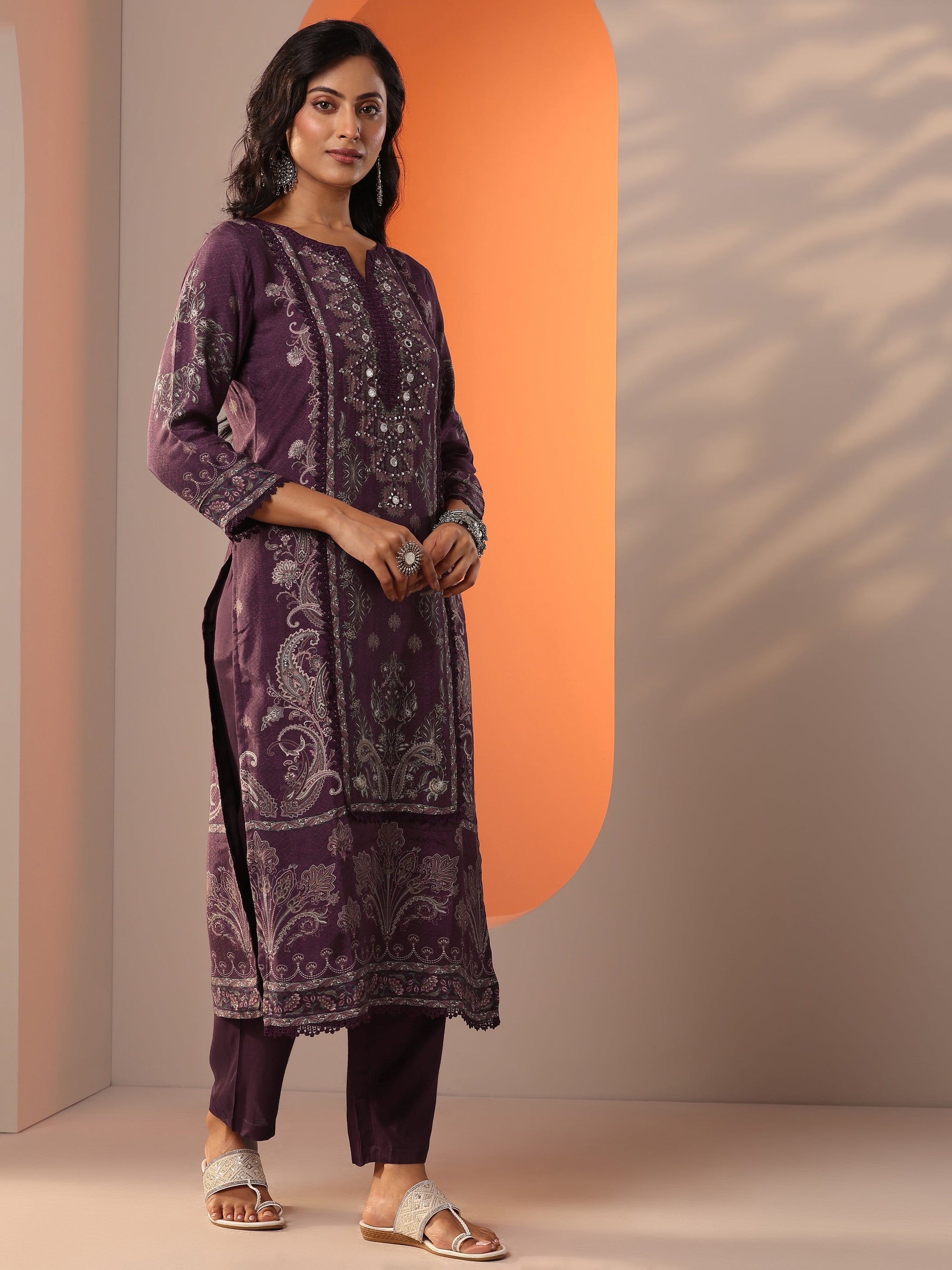 Libas Burgundy Printed Muslin Straight Suit Set With Dupatta