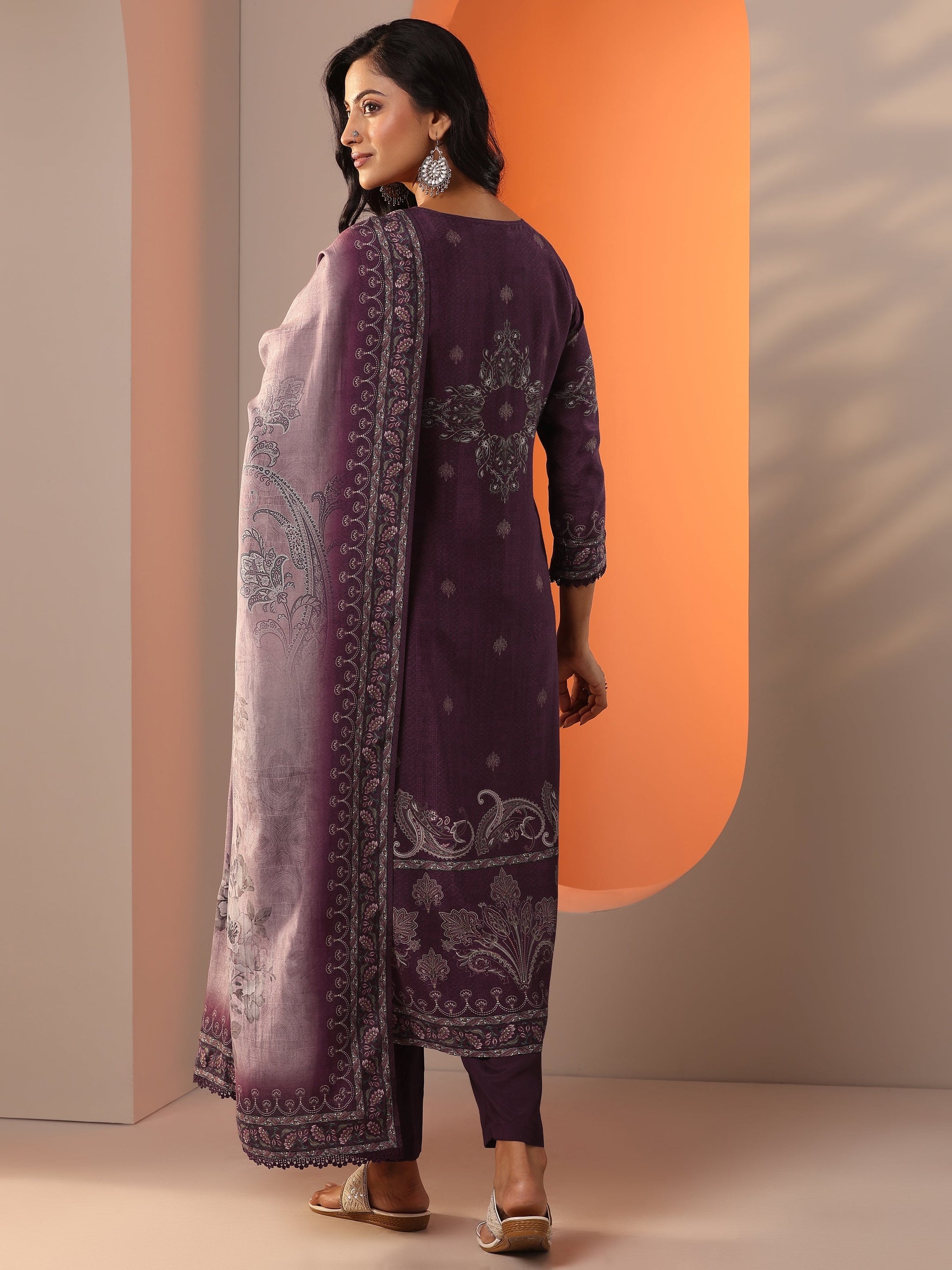 Libas Burgundy Printed Muslin Straight Suit Set With Dupatta