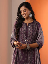 Libas Burgundy Printed Muslin Straight Suit Set With Dupatta