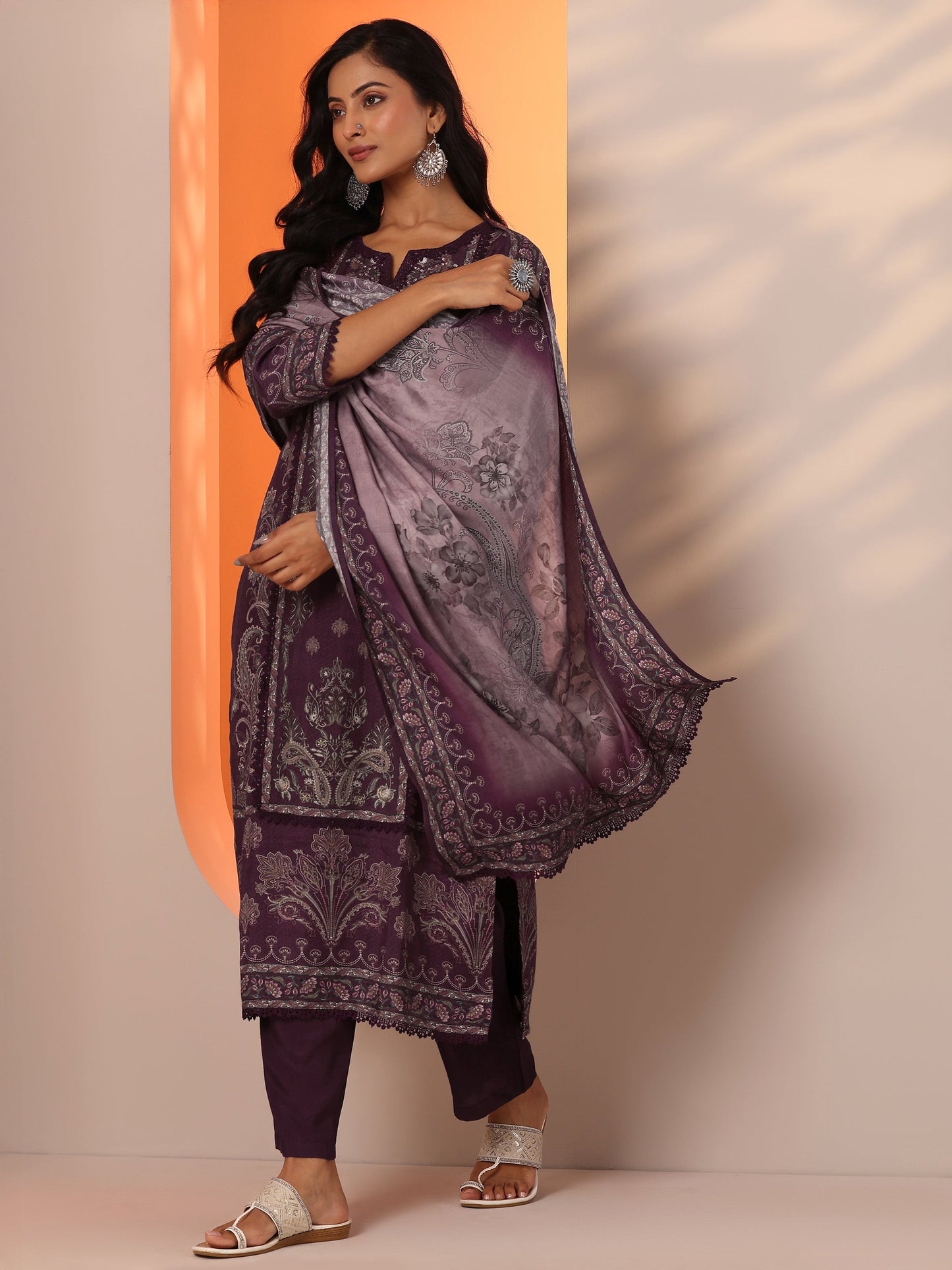 Libas Burgundy Printed Muslin Straight Suit Set With Dupatta