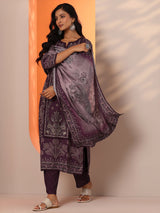 Libas Burgundy Printed Muslin Straight Suit Set With Dupatta