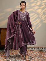 Libas Mauve Embroidered Velvet A-Line Suit Set With Dupatta