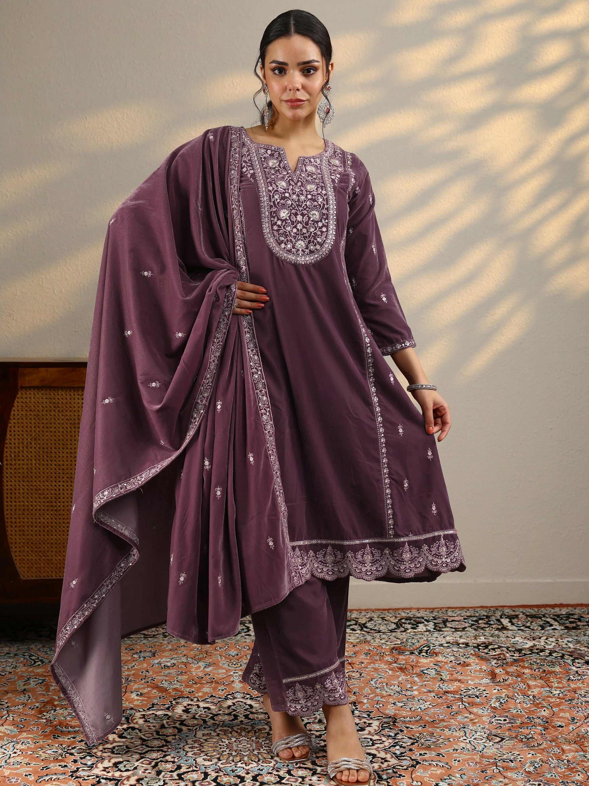 Libas Mauve Embroidered Velvet A-Line Suit Set With Dupatta