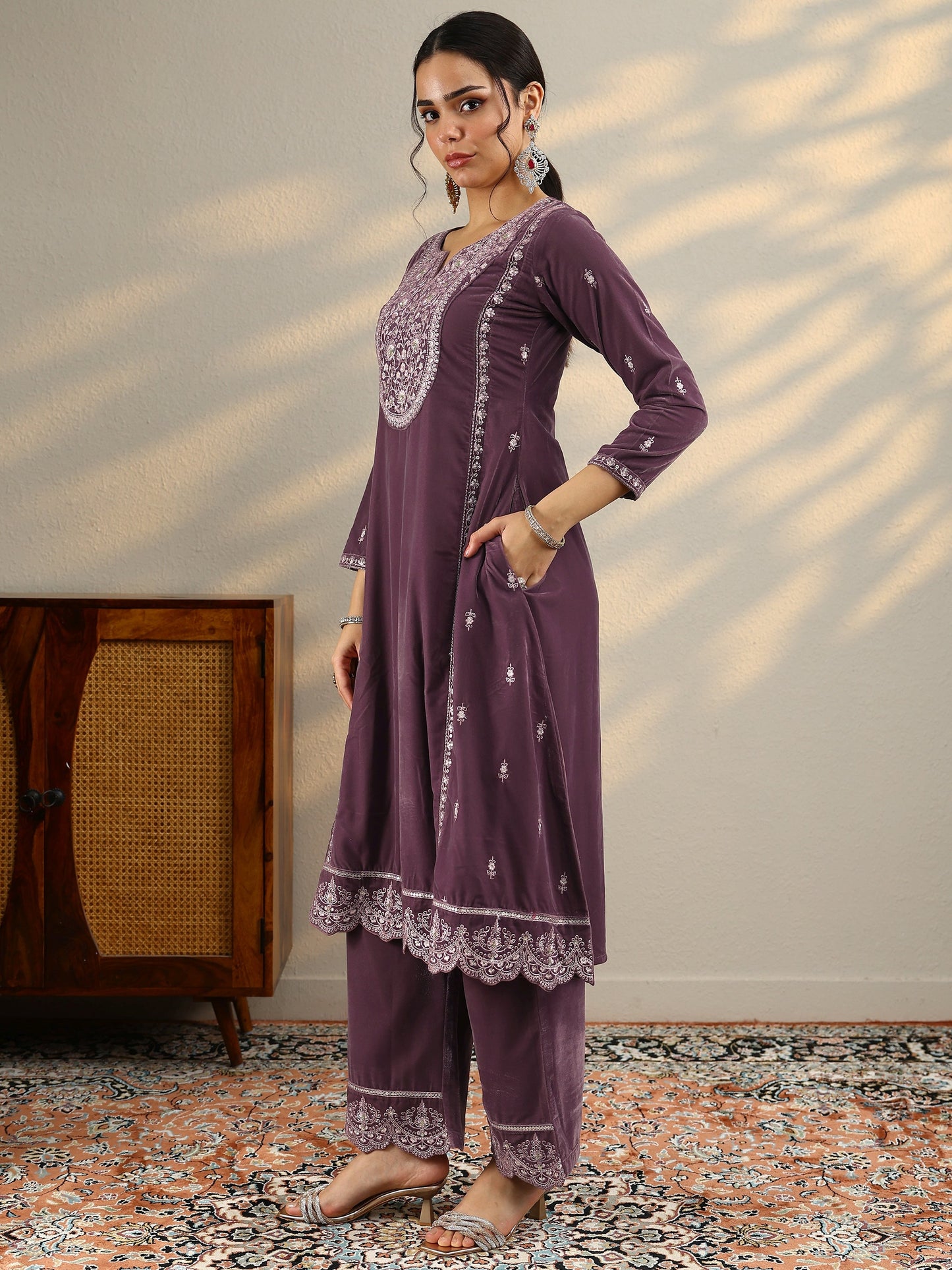 Libas Mauve Embroidered Velvet A-Line Suit Set With Dupatta