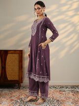 Libas Mauve Embroidered Velvet A-Line Suit Set With Dupatta