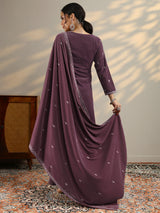 Libas Mauve Embroidered Velvet A-Line Suit Set With Dupatta