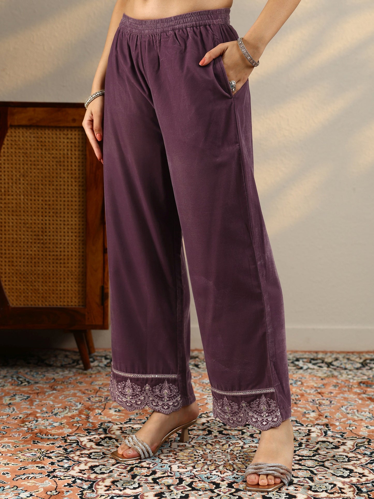 Libas Mauve Embroidered Velvet A-Line Suit Set With Dupatta