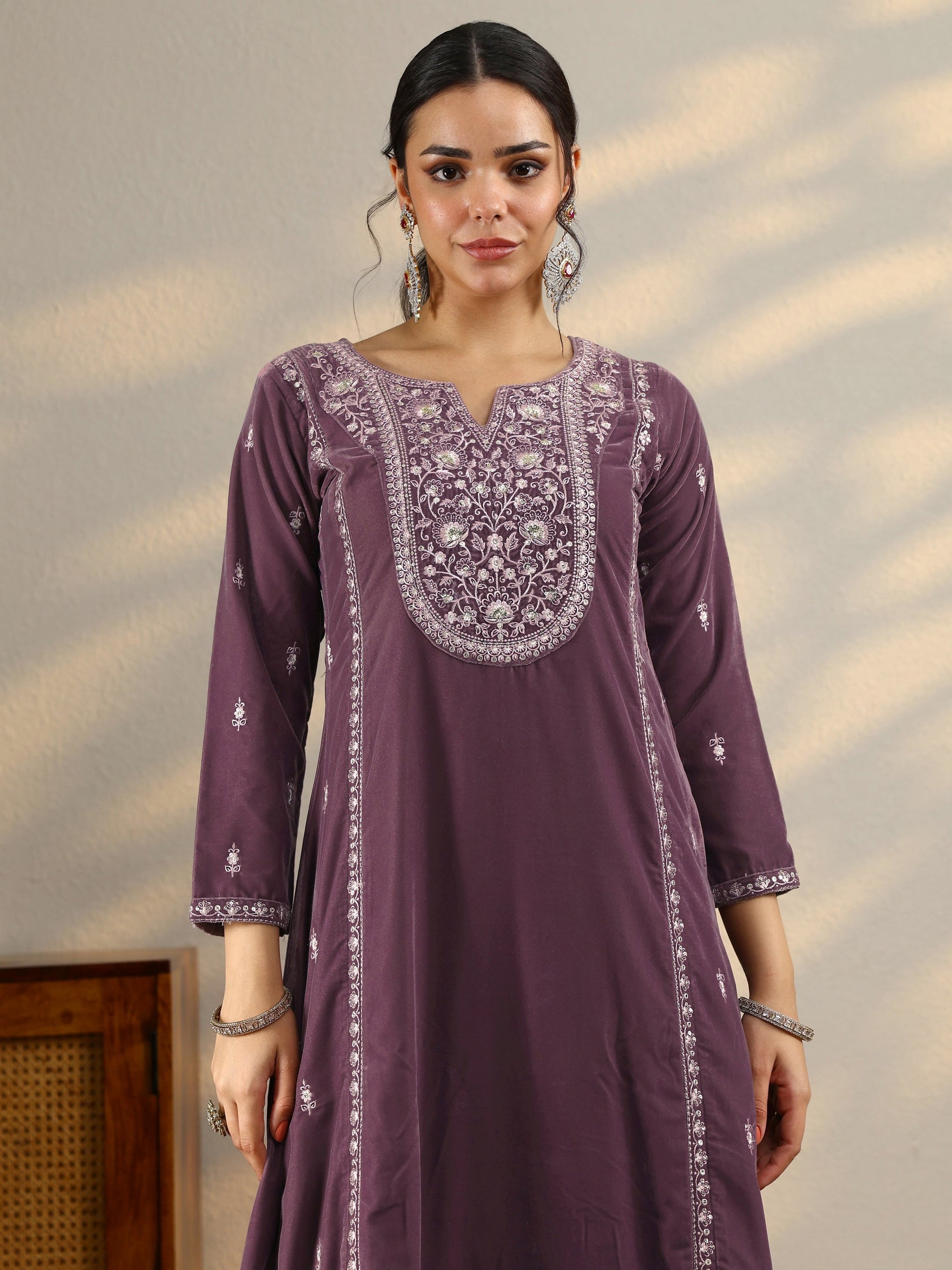 Libas Mauve Embroidered Velvet A-Line Suit Set With Dupatta
