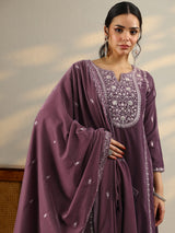 Libas Mauve Embroidered Velvet A-Line Suit Set With Dupatta