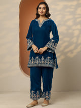 Libas Navy Blue Embroidered Velvet Co-Ord Sets