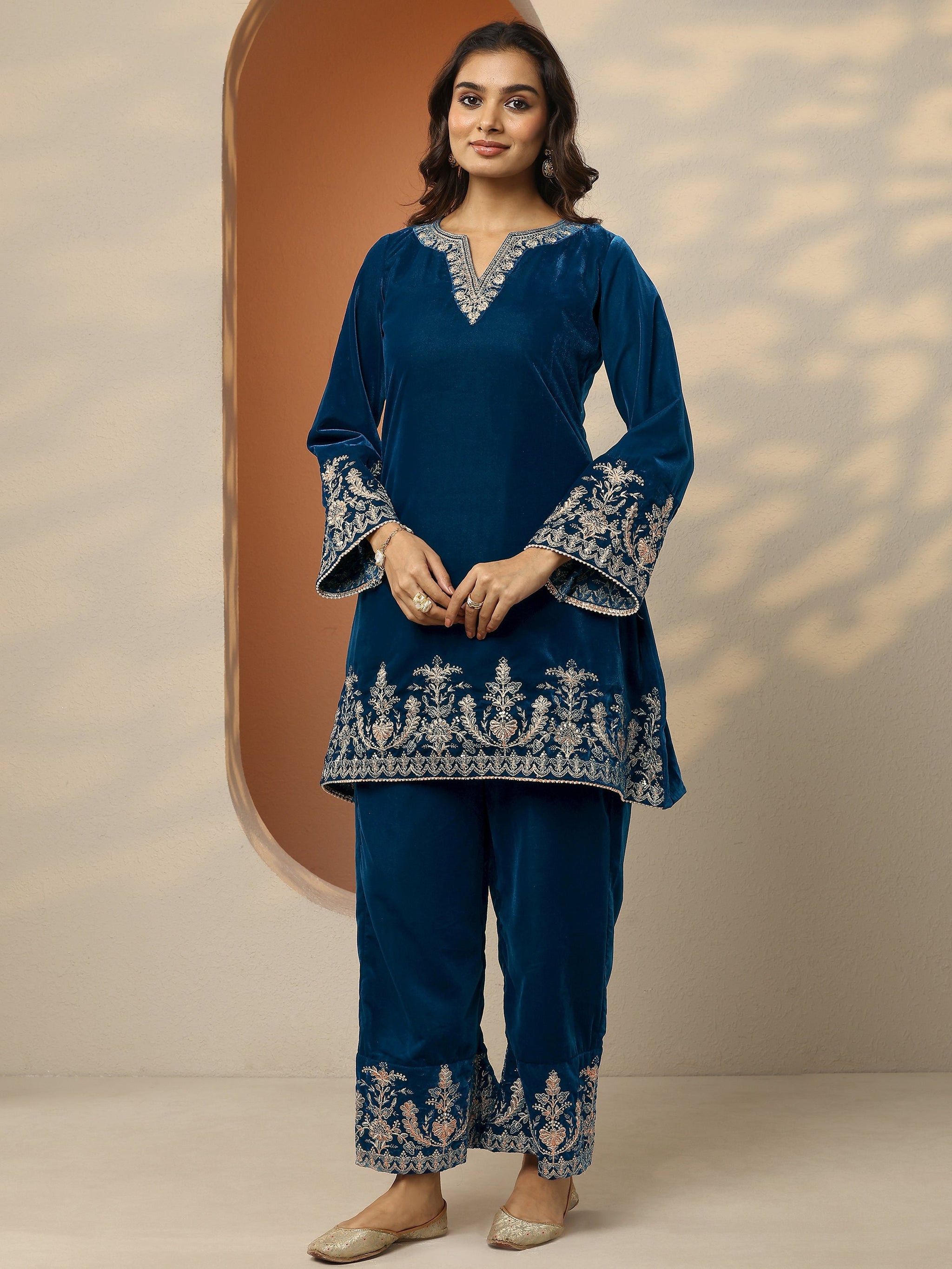 Libas Navy Blue Embroidered Velvet Co-Ord Sets