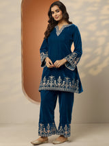 Libas Navy Blue Embroidered Velvet Co-Ord Sets