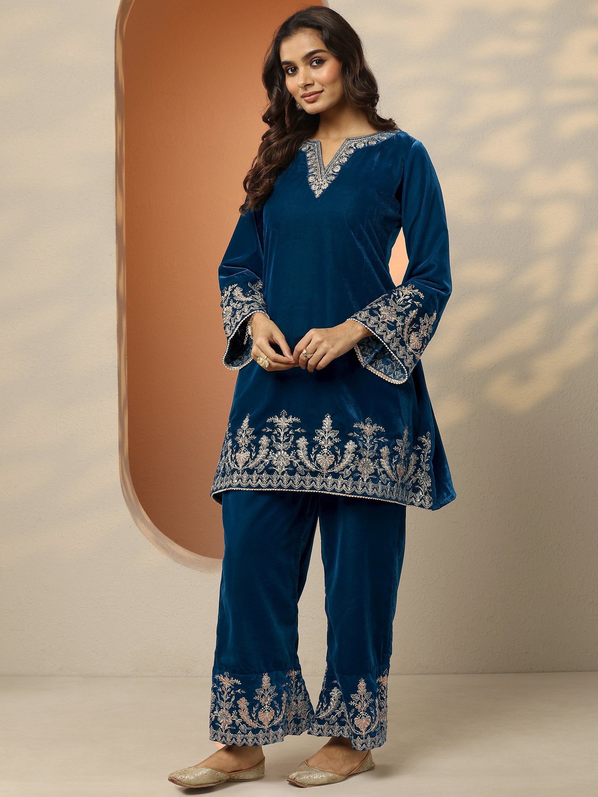 Libas Navy Blue Embroidered Velvet Co-Ord Sets