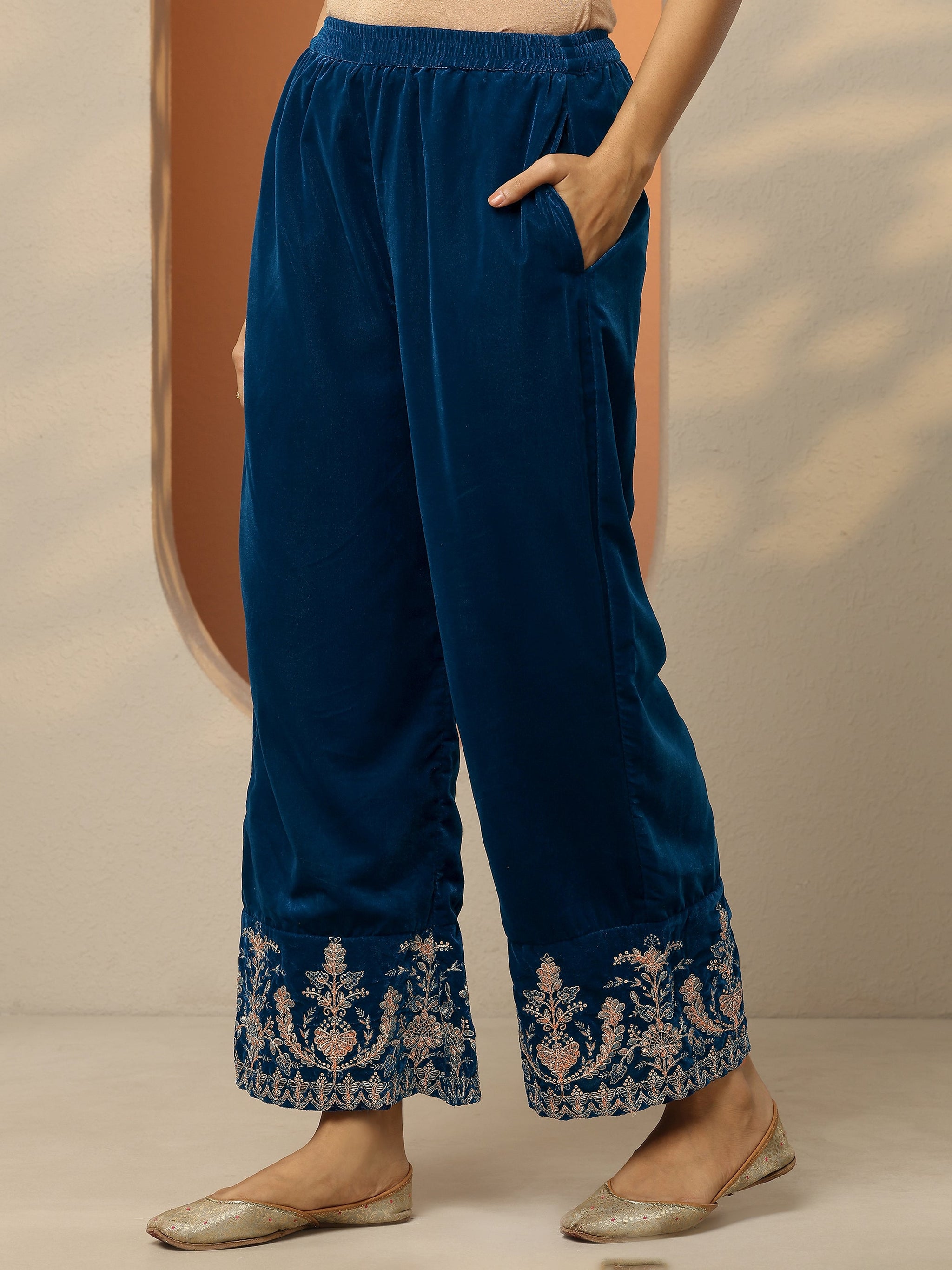 Libas Navy Blue Embroidered Velvet Co-Ord Sets