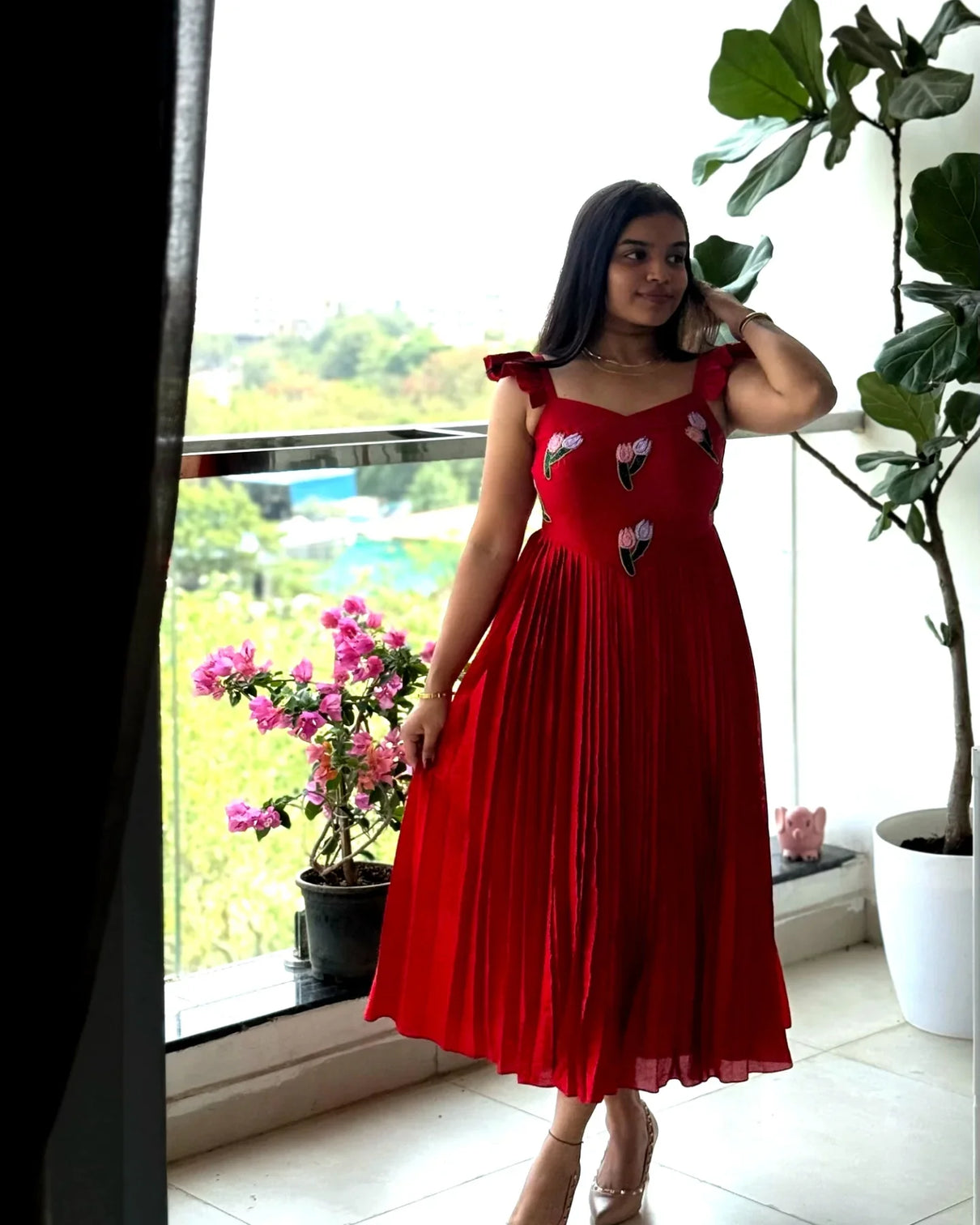 Red vichitra silk handwork maxi dress with beads kardana embroidery ethnic party wear gown