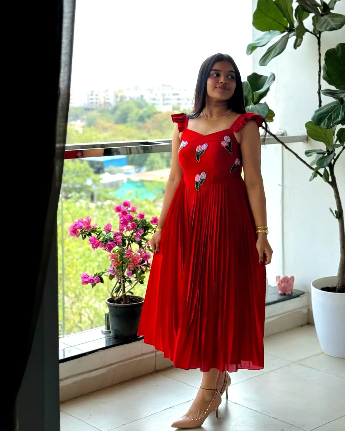 Red vichitra silk handwork maxi dress with beads kardana embroidery ethnic party wear gown mameraa