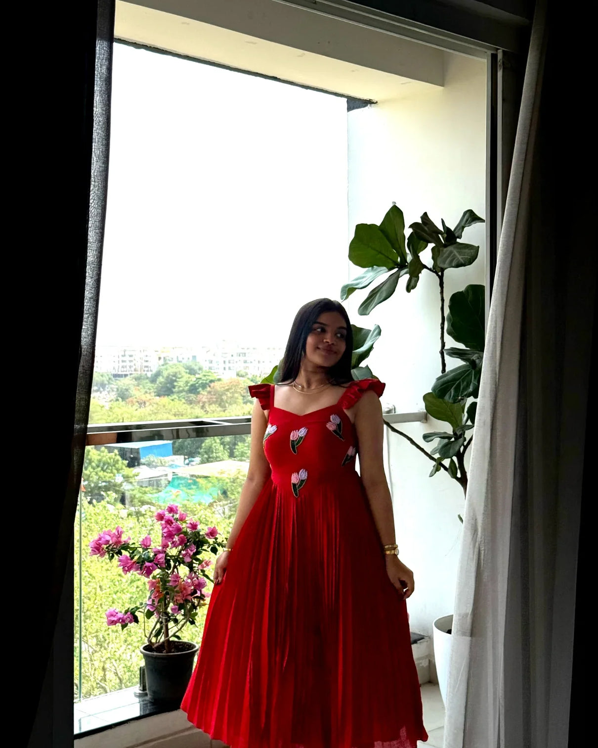 Red vichitra silk handwork maxi dress with beads kardana embroidery ethnic party wear gown