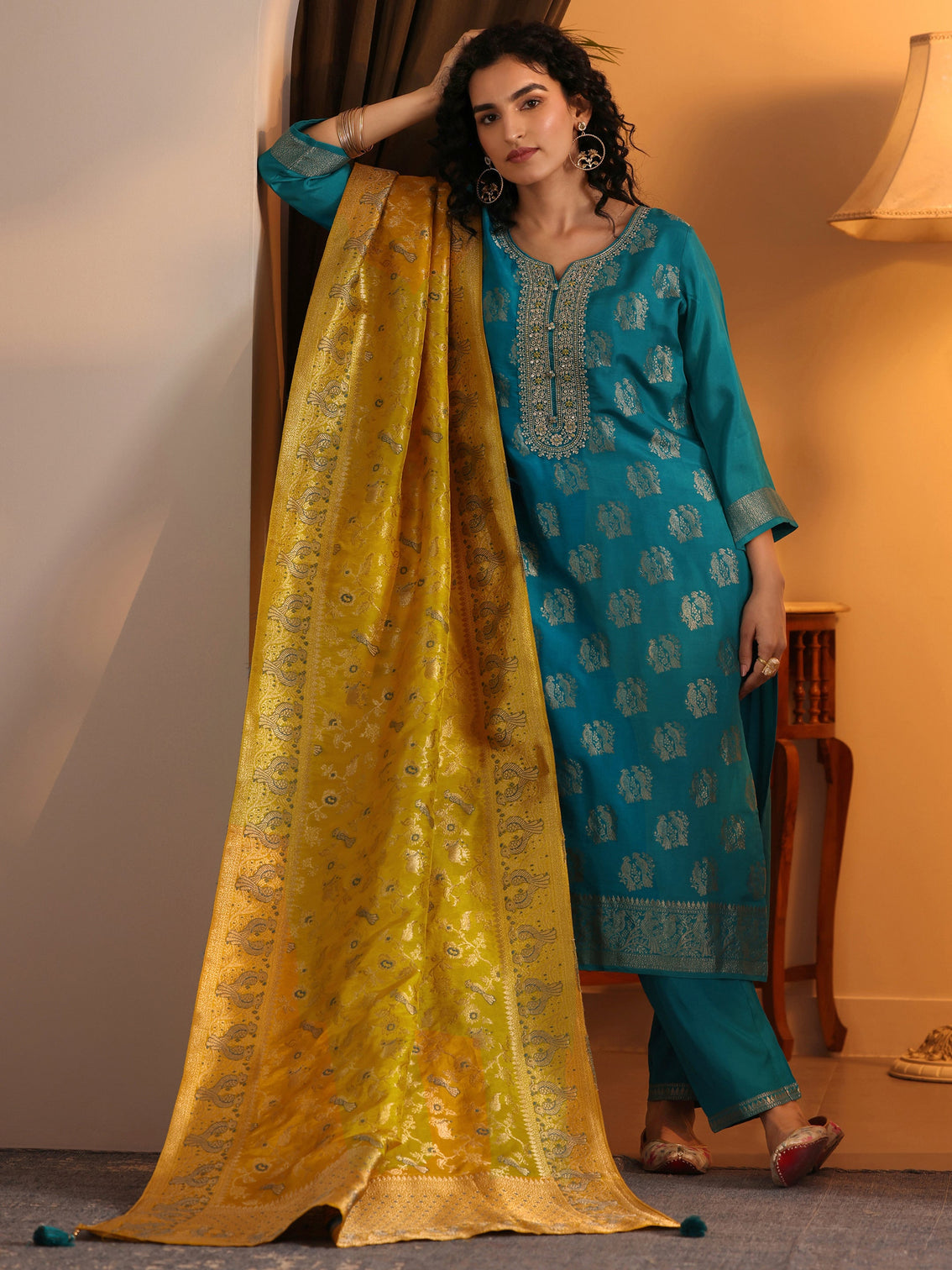 Mameraa Blue Woven Design Silk Blend Straight Suit Set With Dupatta