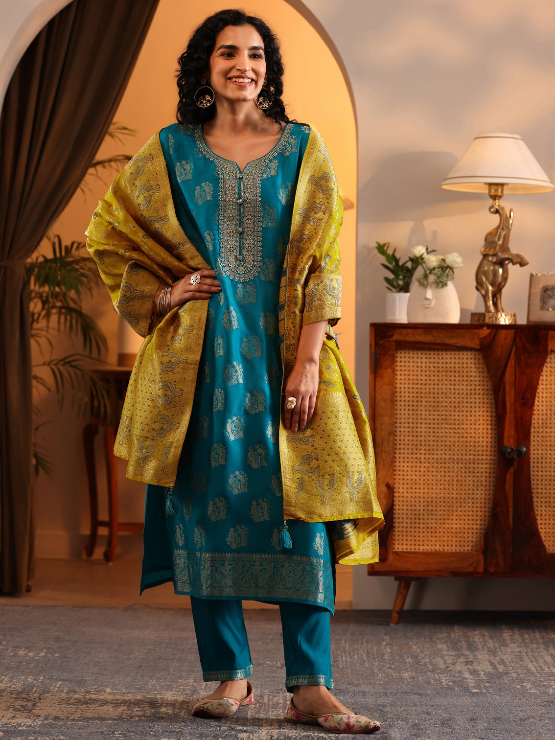 Mameraa Blue Woven Design Silk Blend Straight Suit Set With Dupatta