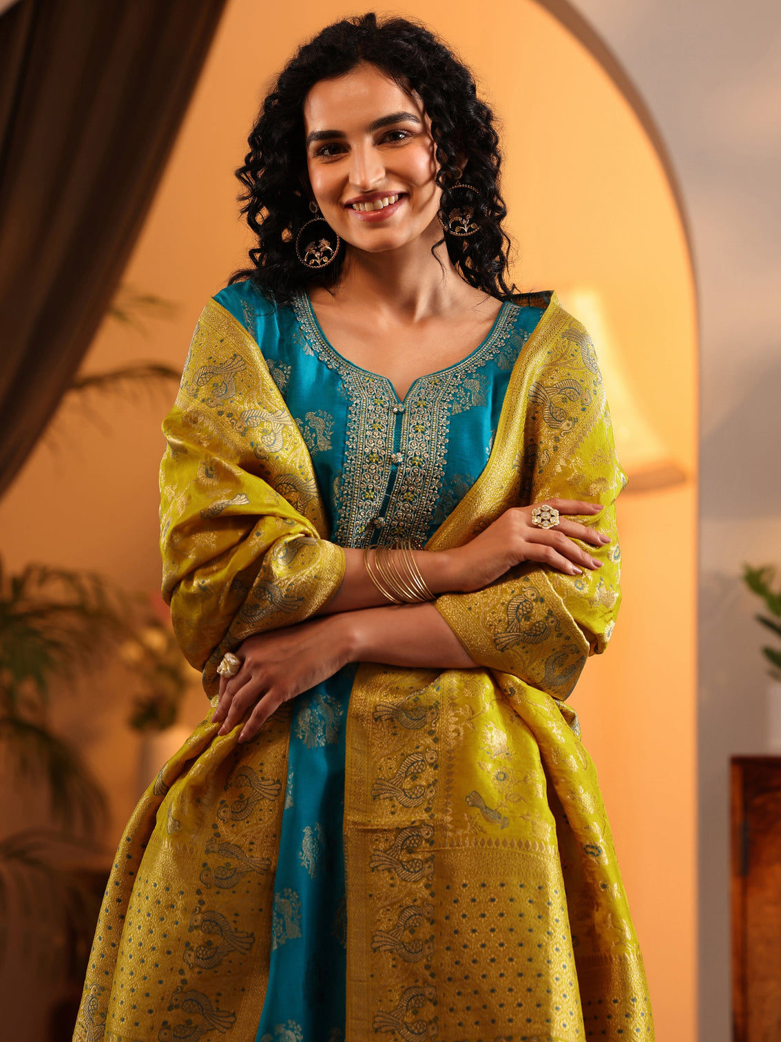 Mameraa Blue Woven Design Silk Blend Straight Suit Set With Dupatta