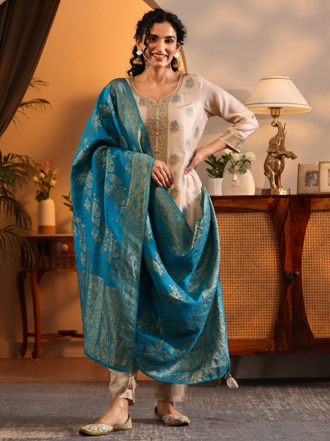 Mameraa Off White Woven Design Silk Blend Straight Suit Set With Dupatta