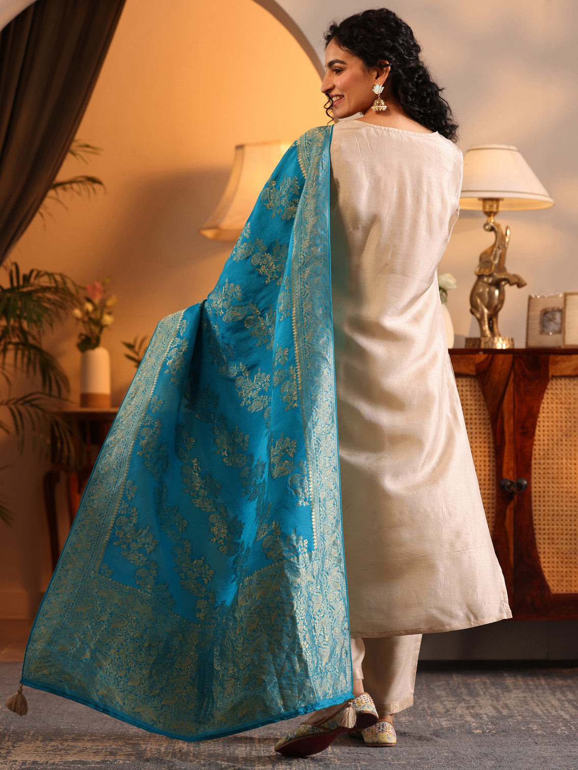 Mameraa Off White Woven Design Silk Blend Straight Suit Set With Dupatta