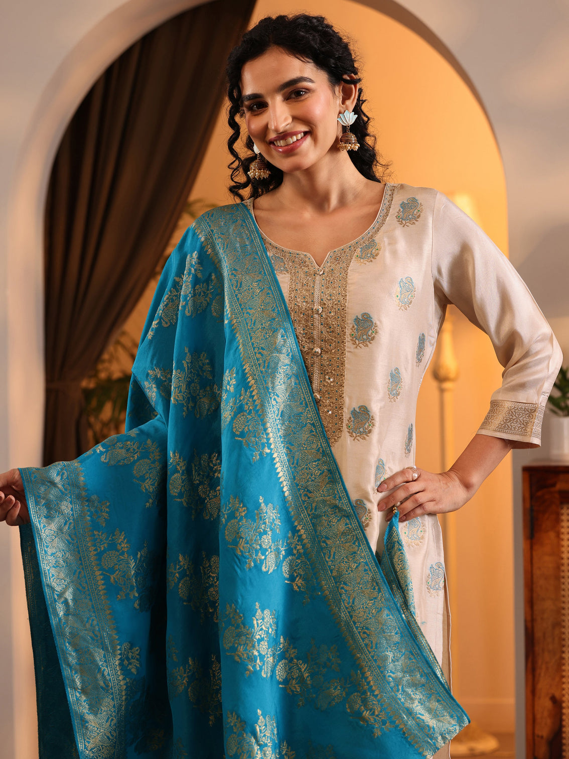 Mameraa Off White Woven Design Silk Blend Straight Suit Set With Dupatta
