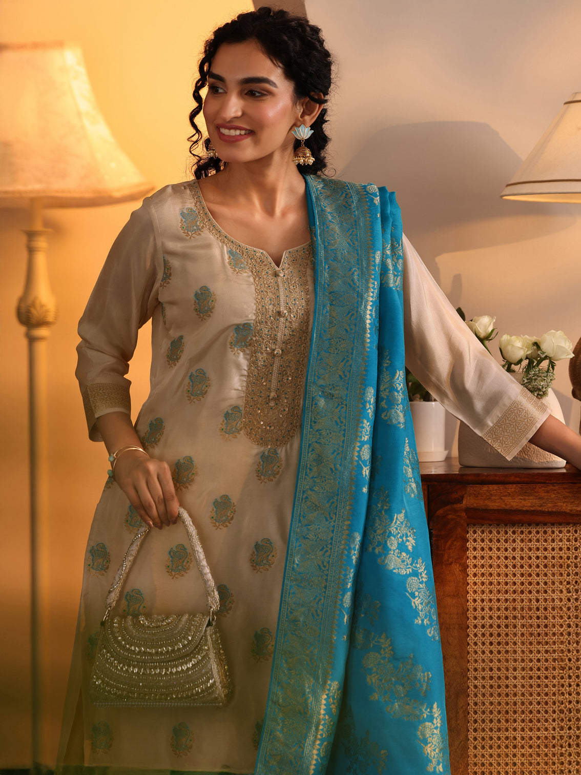 Mameraa Off White Woven Design Silk Blend Straight Suit Set With Dupatta