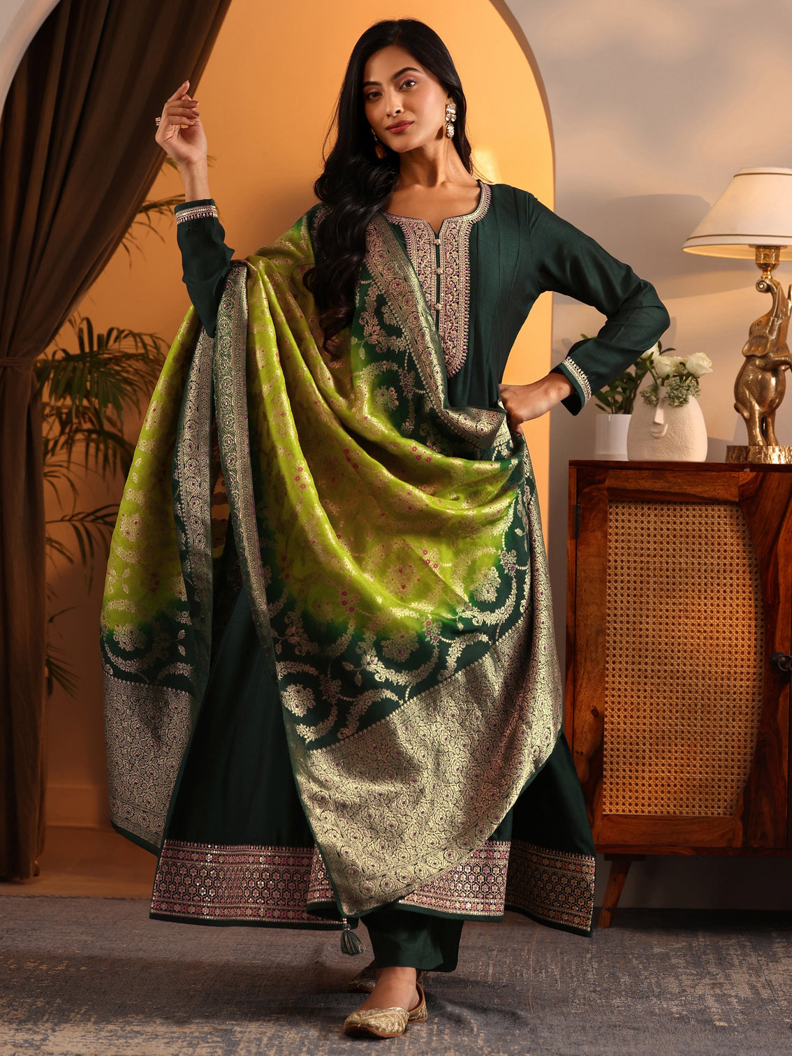 Mameraa Green Woven Design Silk Blend Anarkali Suit Set With Dupatta