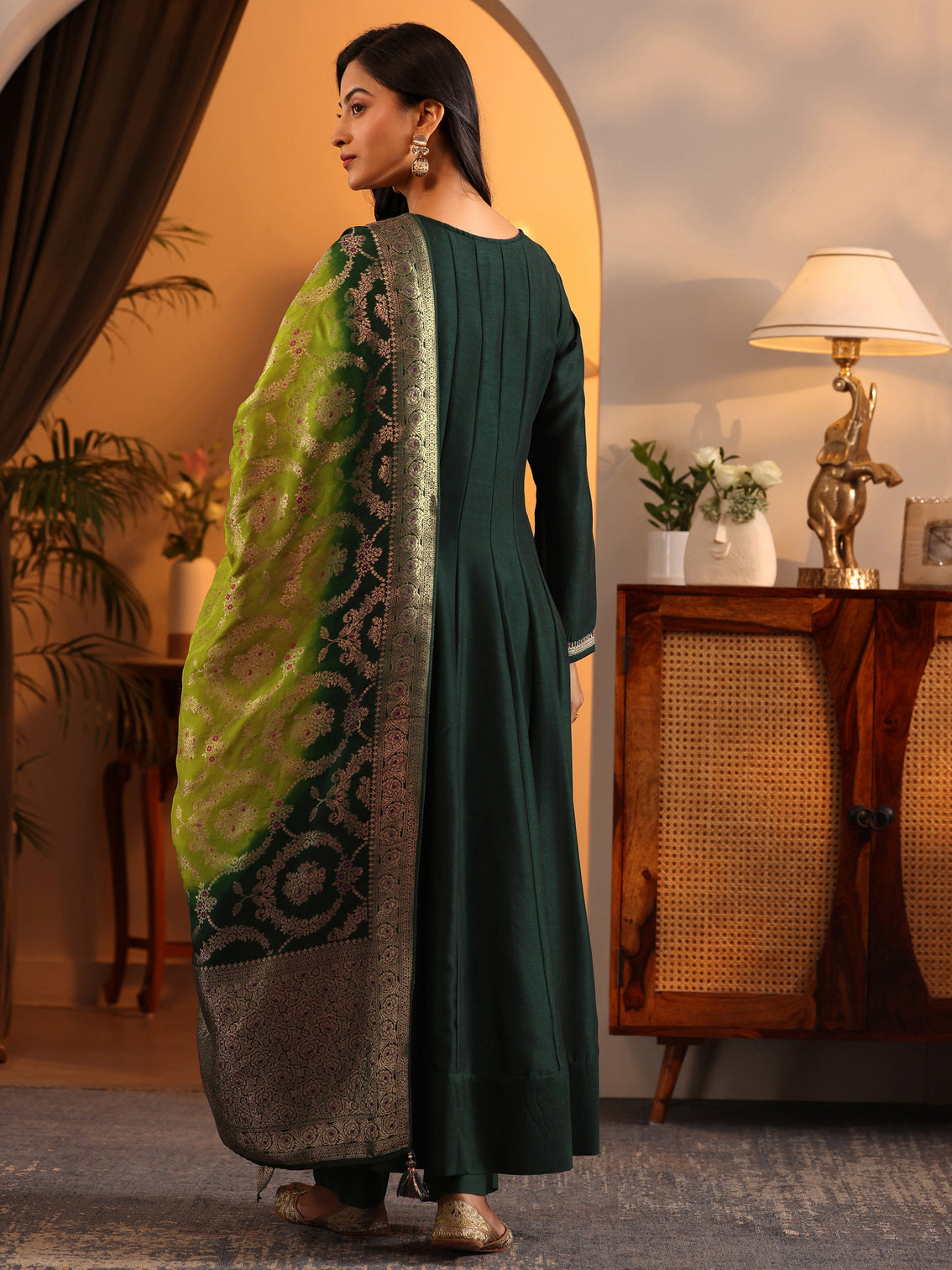 Mameraa Green Woven Design Silk Blend Anarkali Suit Set With Dupatta