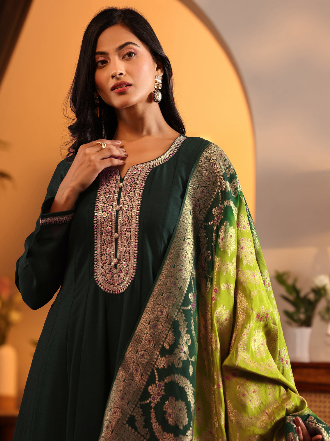Mameraa Green Woven Design Silk Blend Anarkali Suit Set With Dupatta