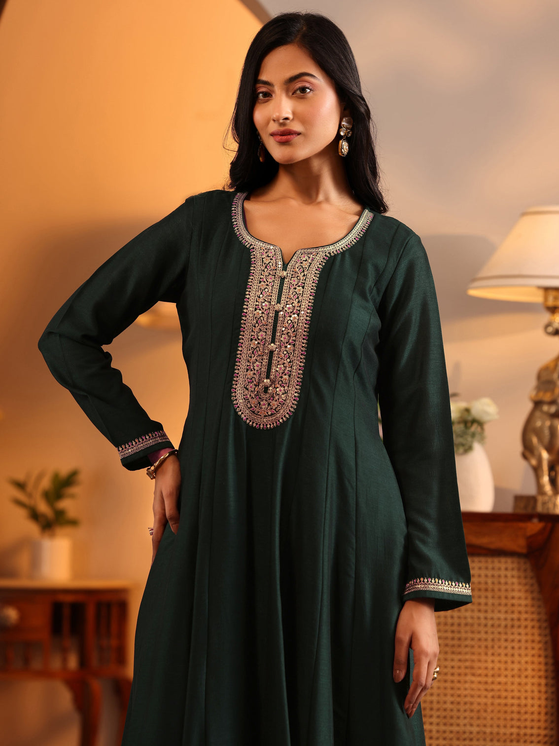 Mameraa Green Woven Design Silk Blend Anarkali Suit Set With Dupatta