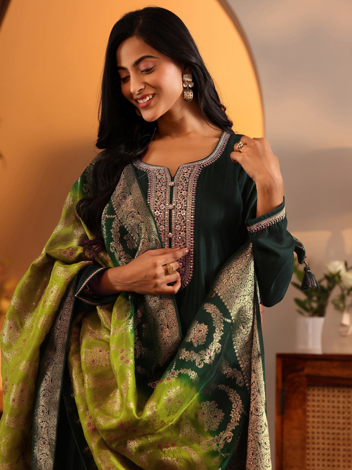 Mameraa Green Woven Design Silk Blend Anarkali Suit Set With Dupatta