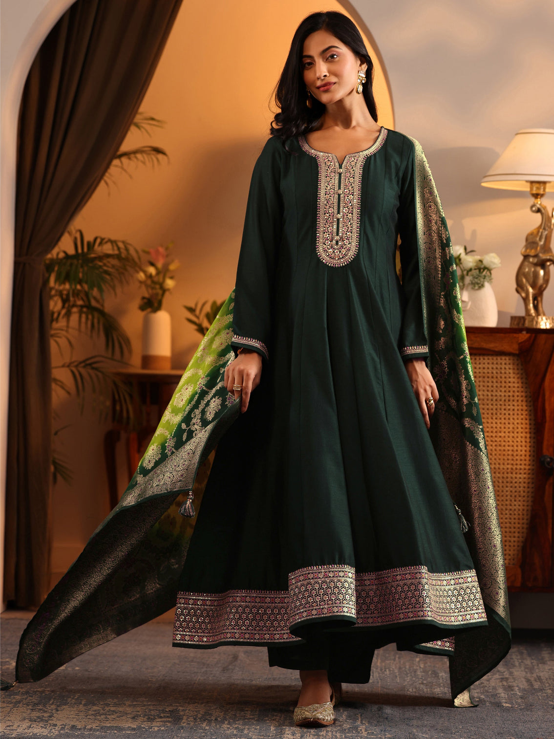 Mameraa Green Woven Design Silk Blend Anarkali Suit Set With Dupatta