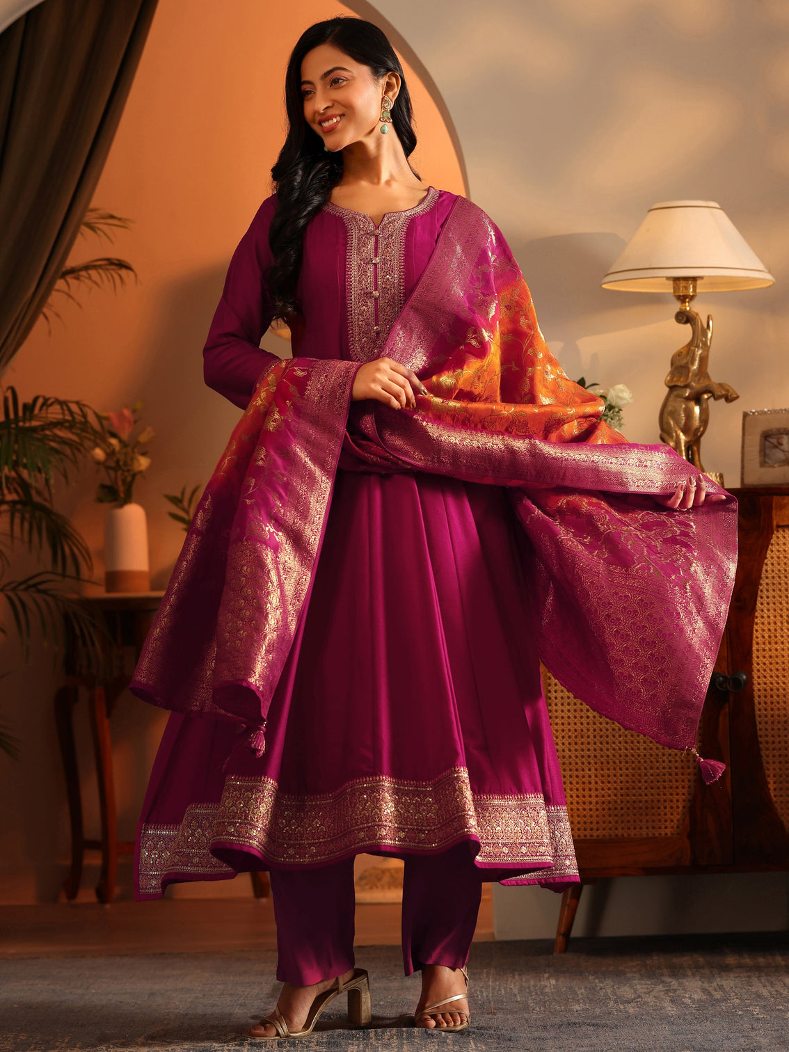 Mameraa Magenta Woven Design Silk Blend Anarkali Suit Set With Dupatta