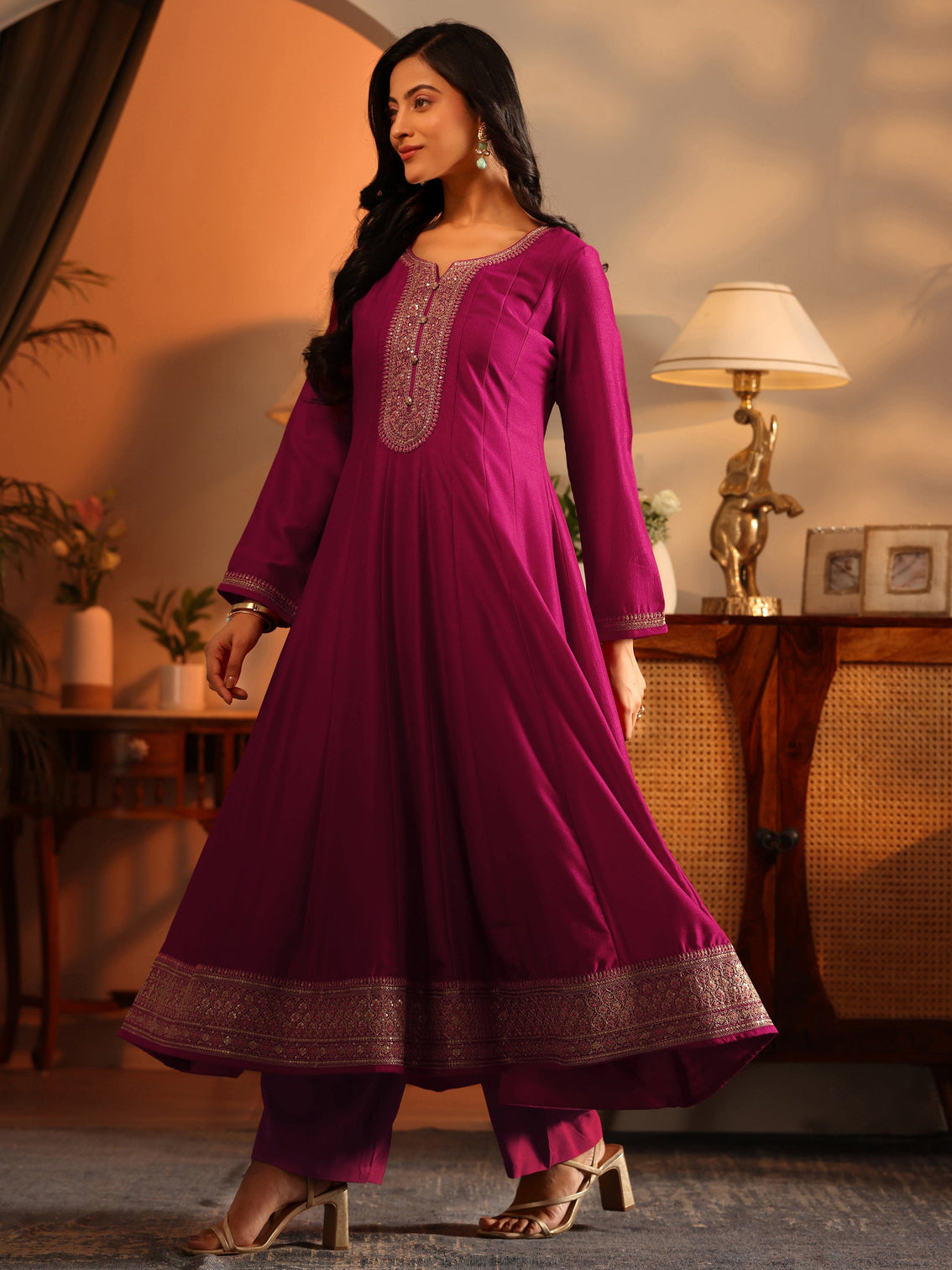Mameraa Magenta Woven Design Silk Blend Anarkali Suit Set With Dupatta